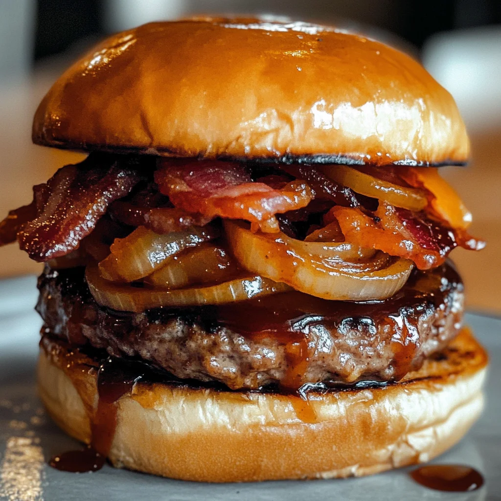 Maple Bourbon BBQ Bacon Burger with Caramelized Onions