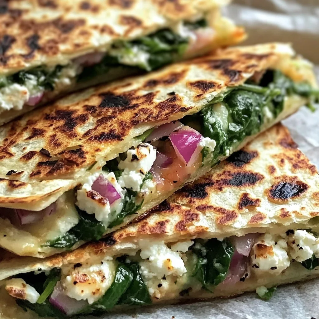 Mediterranean Quesadillas with Spinach, Feta, Mozzarella, and Red Onion