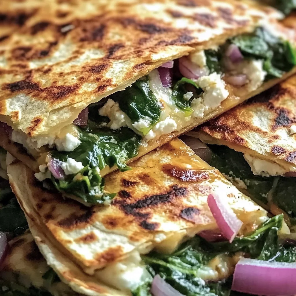 Mediterranean Quesadillas with Spinach, Feta, Mozzarella, and Red Onion