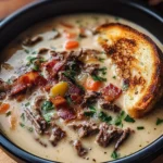 One-Pot Philly Cheesesteak Soup with Bacon and Cheesy Toast