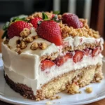 Irresistible Strawberry Vanilla Crunch Cake with Golden Oreo Crumbles